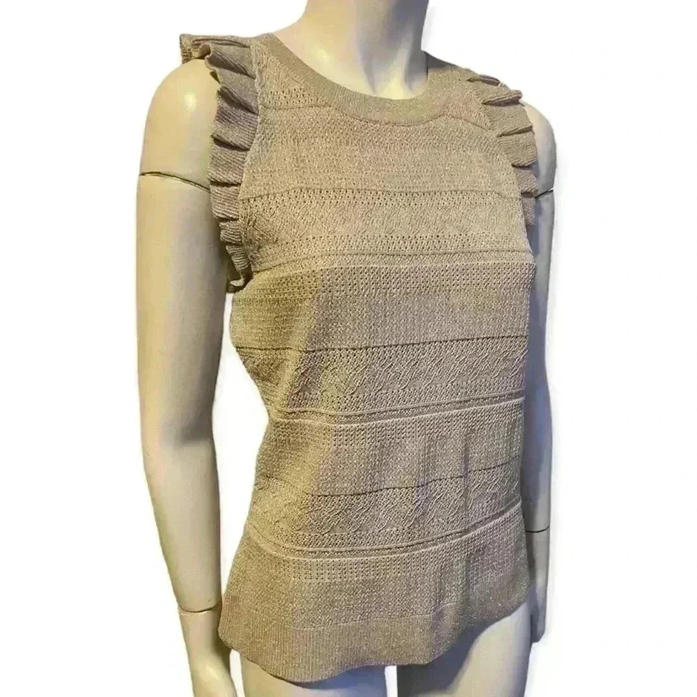 INC metallic gold flutter sleeves knit shell top women’s size large - Picture 3 of 11